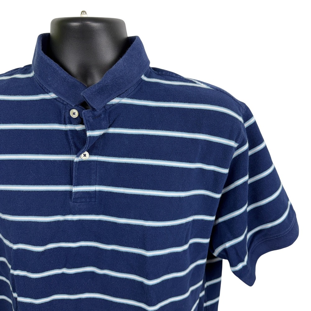 LL Bean Mens Large Polo Shirt Navy Blue White Light Blue Striped Short Sleeve